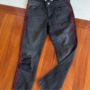 ZARA Women DENIM Jeans Pants Black / Gray Double Red Stripes Knee Rip SIZE 6 EUC